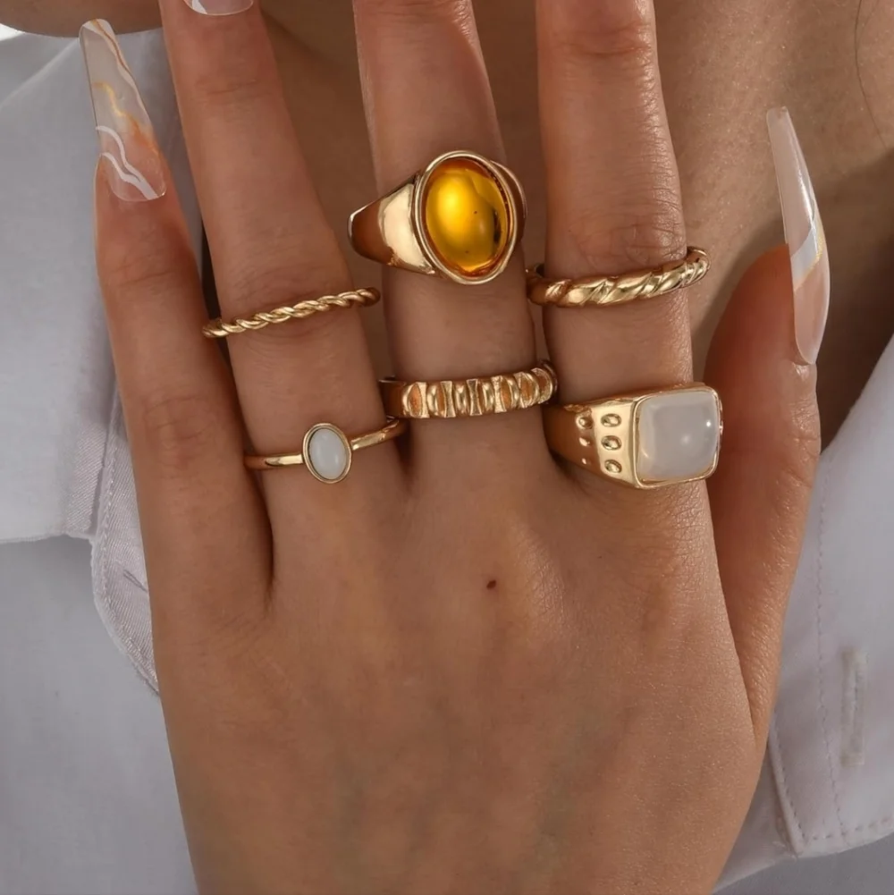 Gold Tone Mixed Stone Stackable Rings - White & Amber Accents 6 Pc Women's Acces